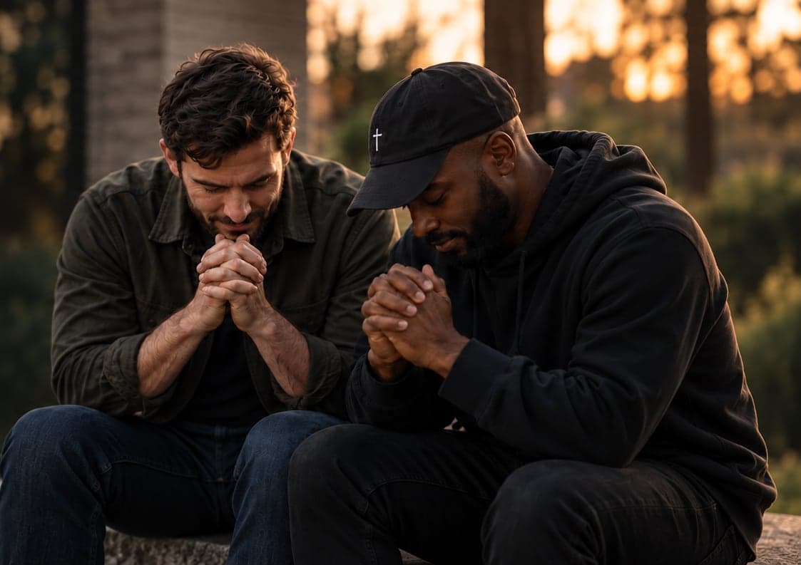 Two friends praying together outdoors at sunset