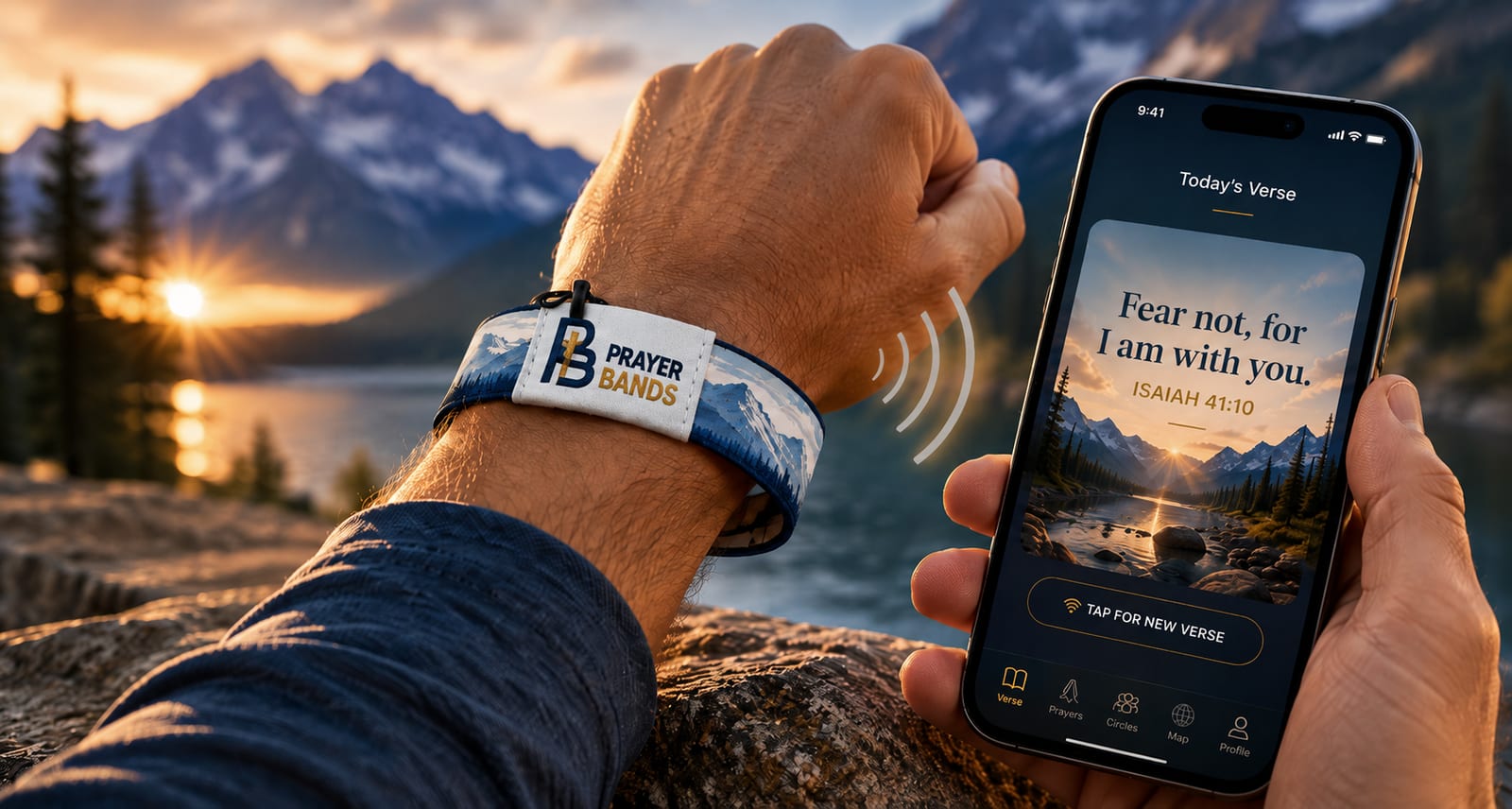 A hand wearing a Prayer Band taps a phone showing today's verse, mountains behind