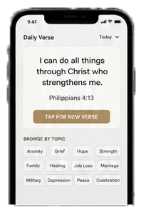 Prayer Bands daily verse app screen with topics to browse