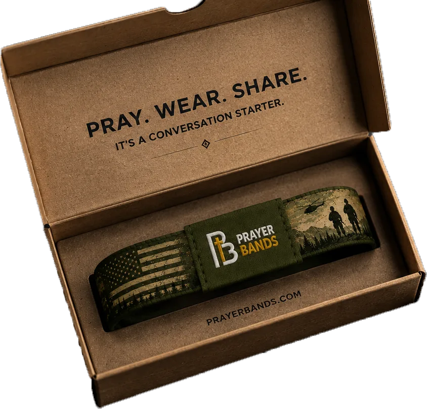 A Prayer Band in a kraft gift box that reads Pray. Wear. Share.